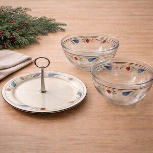 Lenox "Poppies on Blue” 9” Glass Serving Bowl Set &  Serving Tray 3 pc set‎